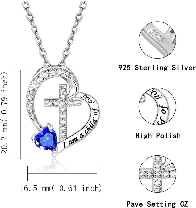 MANBU Sterling Silver Cross Necklace for Girls: Heart Birthstone I am a Child of God Pendant Religious Jewelry Baptism First Communion Confirmation Gifts for Teens - Image 4